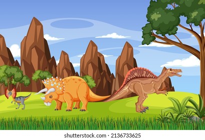 Nature scene with trees on mountains with dinosaur illustration