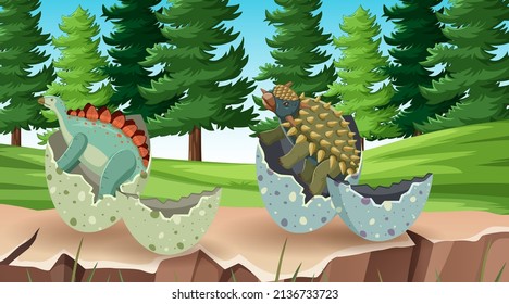 Nature scene with trees on mountains with dinosaur illustration