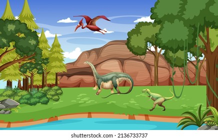 Nature scene with trees on mountains with dinosaur illustration
