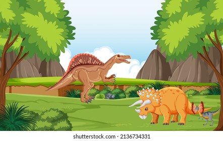 Nature scene with trees on mountains with dinosaur illustration