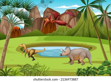 Nature scene with trees on mountains with dinosaur illustration