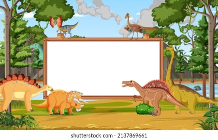 Nature scene with trees on mountains with sign board and dinosaur illustration