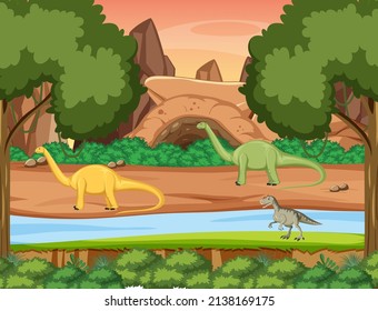 Escena de la naturaleza con árboles en montañas con ilustración de dinosaurios