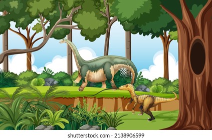 Nature scene with trees on mountains with dinosaur illustration