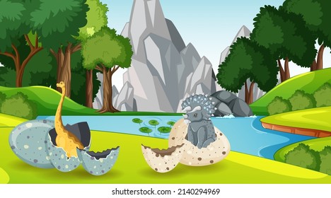 Nature scene with trees on mountains with dinosaur illustration