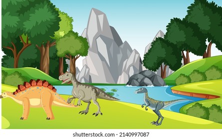Nature scene with trees on mountains with dinosaur illustration