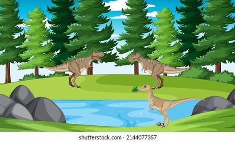 Nature scene with trees on mountains with dinosaur illustration