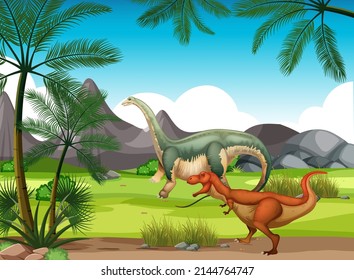Nature scene with trees on mountains with dinosaur illustration