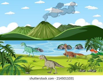 Nature scene with trees on mountains with dinosaur illustration