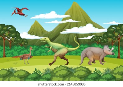 Nature scene with trees on mountains with dinosaur illustration