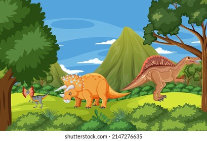 Nature scene with trees on mountains with dinosaur illustration