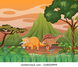 Nature scene with trees on mountains with dinosaur illustration