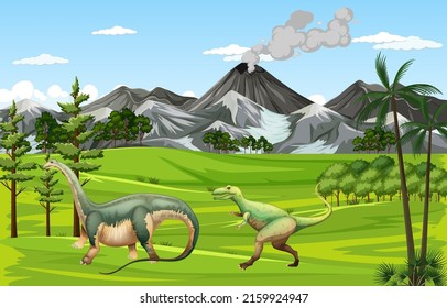 Nature scene with trees on mountains with dinosaur illustration