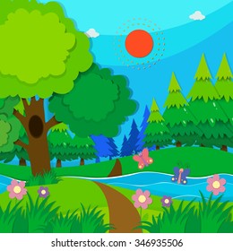 Naturlandschaft mit Bäumen und Flussgrafik