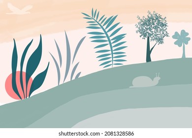 Nature scene vector Illustration of flora and fauna. Plants landscape  with animals in green and blue on a pale blush background. Vector illustration. Animal silhouettes. 