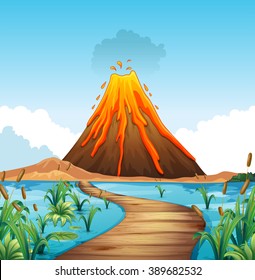 Naturlandschaft mit Vulkanausbruch an der Seegrafik