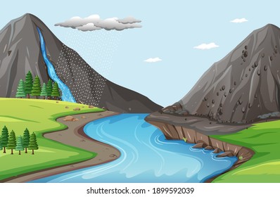 Nature scene with water falls from stone cliff illustration