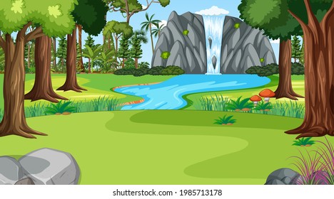 Nature scene with waterfall in the forest landscape illustration