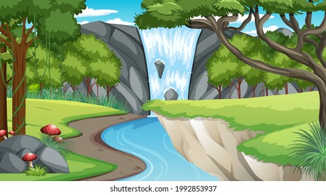 Nature scene with waterfall and stream flowing through the forest illustration