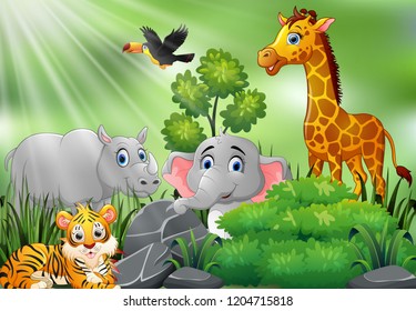 Nature scene with wild animals cartoon