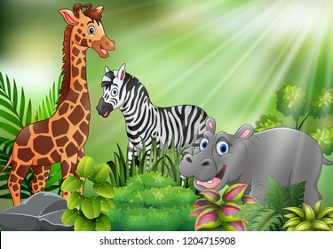 Nature scene with wild animals cartoon