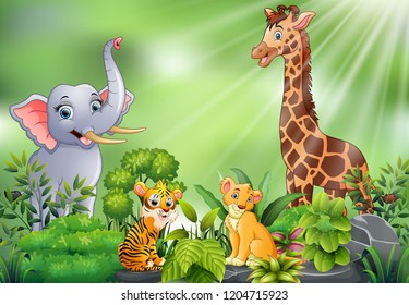 Nature scene with wild animals cartoon