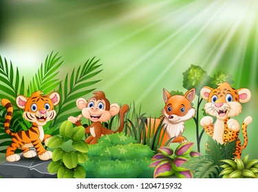 Nature scene with wild animals cartoon