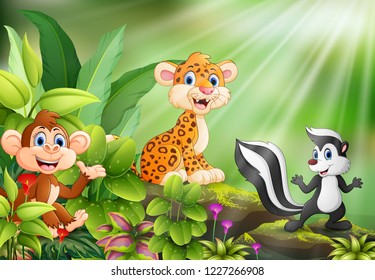 Nature scene with wild animals cartoon