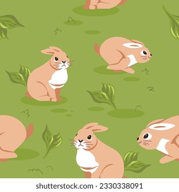 Nature scenery of field with rabbits running and leaping. Cute woodland animal characters with long ears and funny muzzle. Seamless pattern, background print or wallpaper. Vector in flat style