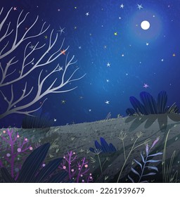 Nature scenery at night under shiny stars. Magic dark landscape fantasy background for kids. Stars in the night sky, colorful waapaper. Hand drawn artistic textured vector illustration