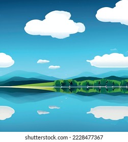 nature scenery and its reflection on the lake in partly cloudy weather