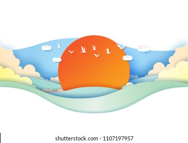 Paisaje natural del mar, sol y nubes con un grupo de pájaros volando sobre el cielo azul.Ilustración artística de papel vectorial.