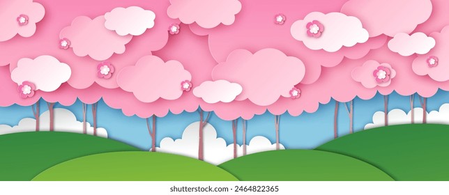 Paisaje de Naturaleza en primavera. Hermosa primavera. Bosque de primavera. corte de papel y estilo artesanal. Vector, ilustración.