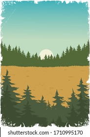 Nature scenery vintage colorful poster with forest field and sunrise landscape vector illustration