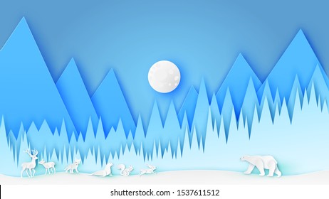 Nature scenery of winter with polar animals living on ice ground. Landscape in winter. Polar animals. paper cut and craft style. vector, illustration.