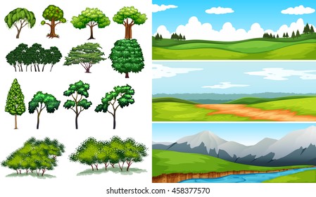 Nature scenes with fields and mountians illustration