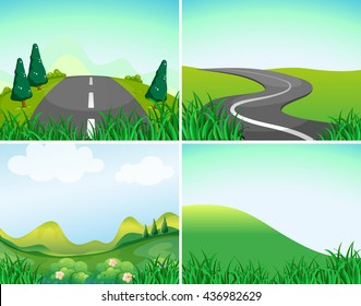 Nature scenes with road and hills illustration