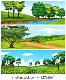 Nature scenes with trees and river illustration