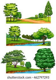 Escenarios naturales con árboles y ríos ilustrativos