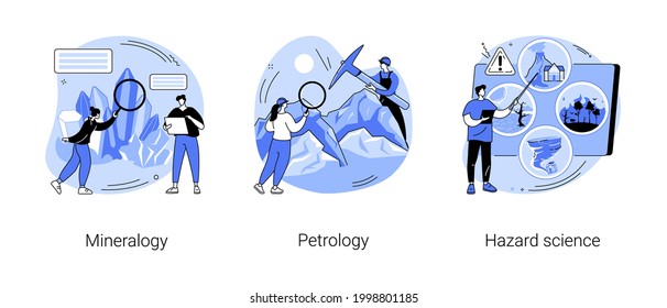Nature science abstract concept vector illustration set. Mineralogy and petrology, natural hazard science, applied geology, rocks formation, damage and risk evaluation and research abstract metaphor.