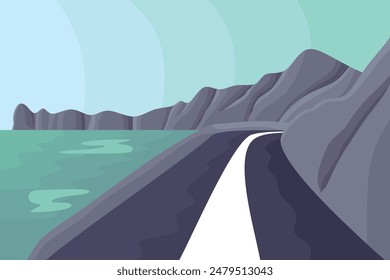 Nature Sea Cliff Side Road Landscape Painting Style Vector