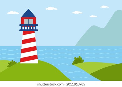 Nature, sea mountains and lighthouse. Vector illustration in flat design