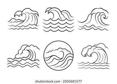 Nature Sea waves simple and clean Line art of nature design vector illustration bundle on white background.