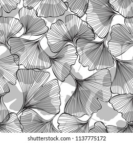 Nature seamless background with leaves of gingo biloba. Vector illustration, sketch.