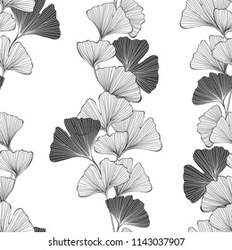 Nature seamless background with leaves of gingo biloba. Vector illustration, sketch.