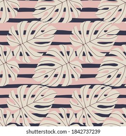 Nature seamless creative pattern with tropical monstera leaf silhouettes. Doodle botanic print with striped navy blue and pink background. For fabric design, textile print. Vector illustration.