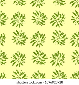 Nature seamless doodle pattern with bright green foliage leaf silhouettes. Light yellow background. Stock illustration. Vector design for textile, fabric, giftwrap, wallpapers.