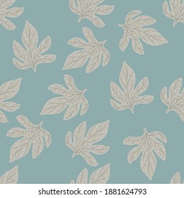 Nature seamless doodle pattern with hand drawn grey outline leaves ornament. Blue background. Decorative backdrop for fabric design, textile print, wrapping, cover. Vector illustration