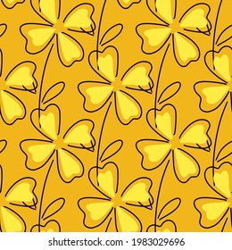 Patrón de doodle sin fisuras de la naturaleza con adorno de trébol de cuatro hojas amarillo. Fondo naranja. Impresión de garabatos. Diseño gráfico para envolver texturas de papel y tela. Ilustración vectorial.
