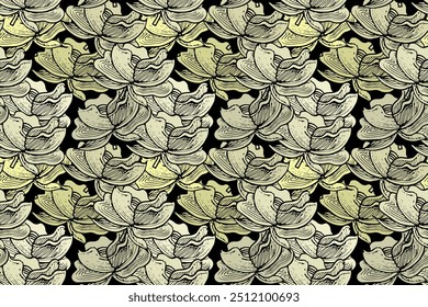 Natureza padrão floral sem emenda com flores abstratas desenhadas à mão em um fundo escuro. Floresta tropical, hora de verão. Perfeito para projetos inspirados na natureza, têxteis e decoração de casa.